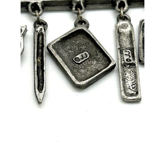 Vintage JJ Teacher Brooch Pewter Math Pin Chalkboard Calculator Charms 2.5 inch - Picture 4 of 7